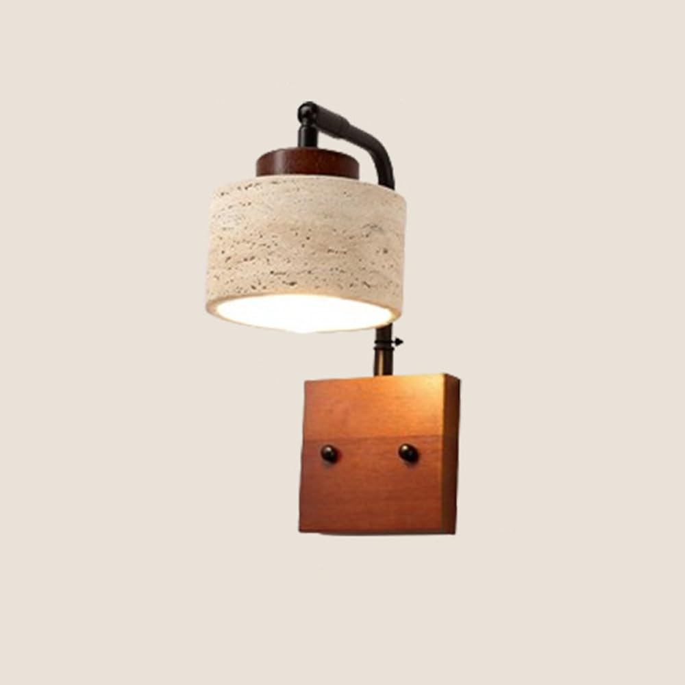 HUAYUSEDF Wood Wall Sconce Vintage Farmhouse Natural Stone Light Fixture Modern Yellow Travertine Bedroom Lighting Cylindrical Mounted Lamp for Living Room Bedside Aisle Porch(Walnut Color)