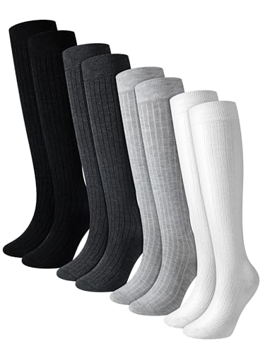 Shihanee 4 Pairs Women Ribbed Knee High Socks Warm Cotton Slouch Long Socks Knit Boot Socks for Women Adult Girls Autumn Winter Match