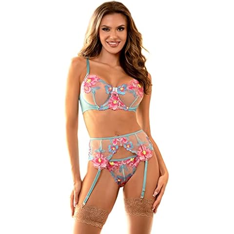 comeondear Lingerie Set for Women with Garter Belt 3 Piece Bra and Panties Set High Waisted Suspenders Set Lace Strappy Bodysuit 16 18 Blue Cover