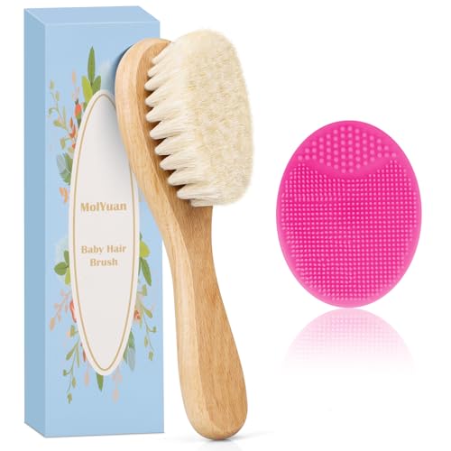 MolYuan 2PCS Baby Hair Brush Goat Bristles Brush and Rose Red Baby Silicone Brush Set for Cradle Cap Wood Bristle Brush for Newborns and Toddlers