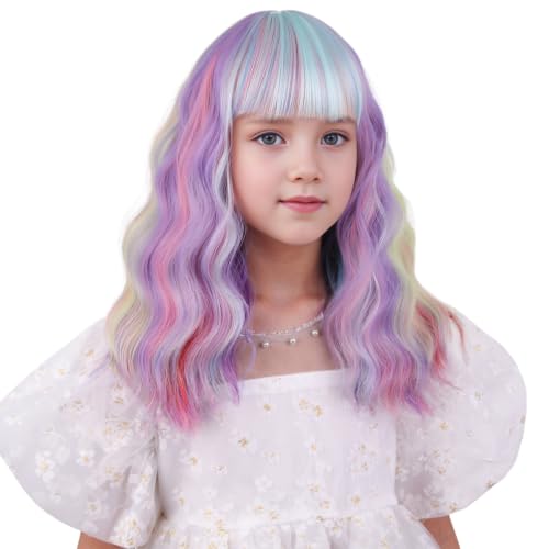 Image of Girls Rainbow Wig Kids Colored Wig with Bangs Child Short Curly Colorful Wigs Synthetic Cosplay Hair Wig