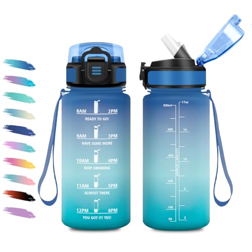 Trinkflasche 500ml, Wasserflasche mit Strohhalm, Auslaufsicher, Einhandöffnung, Kohlensäure Geeignet, Sport Trinkflasche mit Zeitmarkierung, Perfekt für Reisen, Camping, Schule, Radfahren, Büro