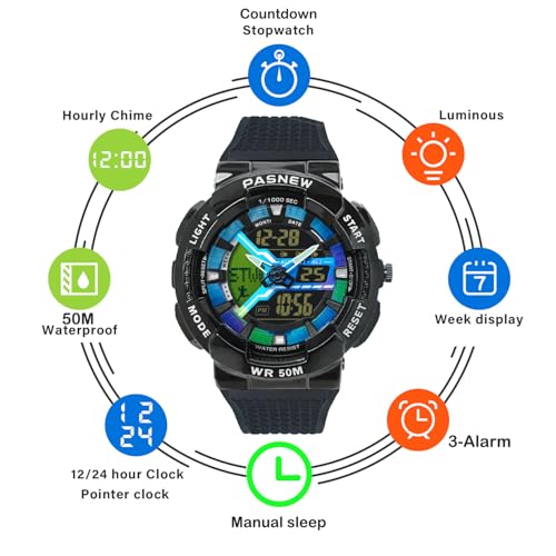 Image of PASNEW Boys' Watches - Dual Display, Large Dial Sport Watch, Black Outdoor Watch for Boys & Teens - Waterproof