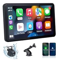OTNBGSR 7'' Portable Wireless Apple CarPlay & Android Auto Touch Screen,Car Radio - with AHD Rear Camera,GPS Navigation,Mirror Link,FM,Voice Control - Portable Dash Mount Adapter