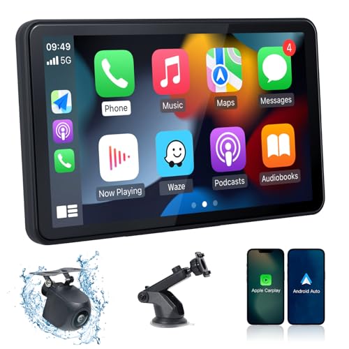 OTNBGSR 7'' Portable Wireless Apple CarPlay & Android Auto Touch Screen,Car Radio - with AHD Rear Camera,GPS Navigation,Mirror Link,FM,Voice Control - Portable Dash Mount Adapter