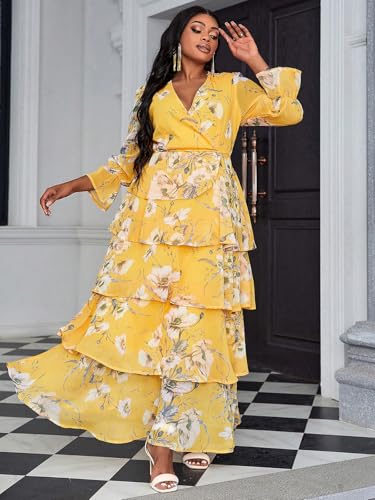 Image of Spring Summer 2024 Plus Size Womens Dresses V Neck Casual Elegant Long Sleeve Floral Print Maxi Dress