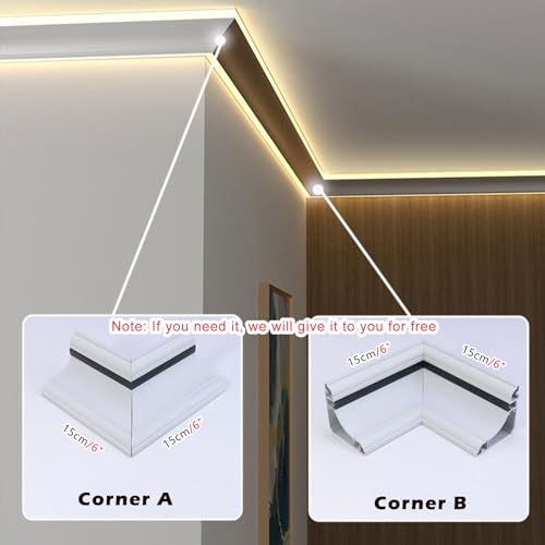 Canale LED con profilo in alluminio con connettore angolare, alloggiamento per striscia luminosa da soffitto, canale lineare per strisce LED, installazione interna, 1,8 m (larghezza 2 2/5")