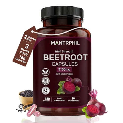 Beetroot Capsules 5100mg High Strength Beetroot Supplement with Black Pepper 180 Capsules Nitric Oxide Support Enriched with Black Pepper Vegan Non-GMO