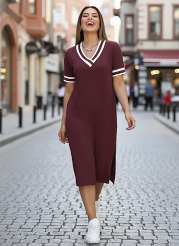 Image of Women's V-Neck Sporty T-Shirt Dress | Stylish Striped Sleeve One Piece for Women | Casual Summer Knee Length Short Dress | Trendy Beach & Resort Wear Western Dress (26 D-1-3)