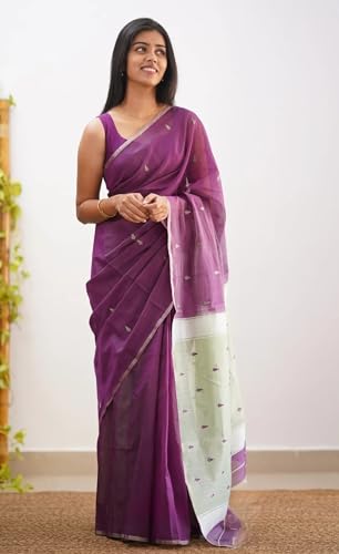 Image of Women's Cotton Woven Soft Sarees With Attach Blouse Piece.