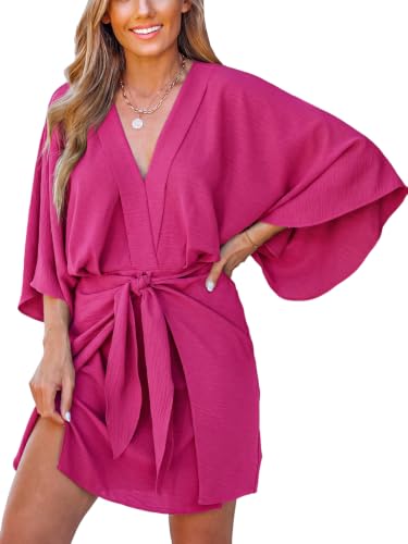Image of CUPSHE Womens Vacation Mini Summer Dress V Neck Kimono Sleeve Belted Flowy Loose Resort Wear Casual Beach Cover Up Dress