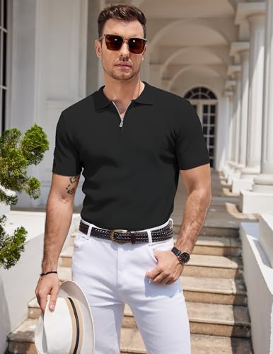 COOFANDY Mens Textured Knit Polo Shirts Zipper Polo Shirts Short Sleeve Casual Lightweight Golf Shirt3