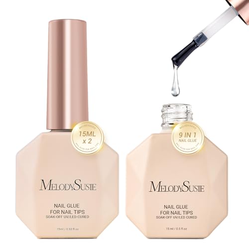 Image of MelodySusie 9 in 1 No TPO Gel Nail Glue for False Nail Tips, 2Pcs*15ml Long Lasting UV Light Required,as Base Coat, Apex Building, Blooming & Rhinestone Gel, Stong Adhesion Manicure Kit Salon Home