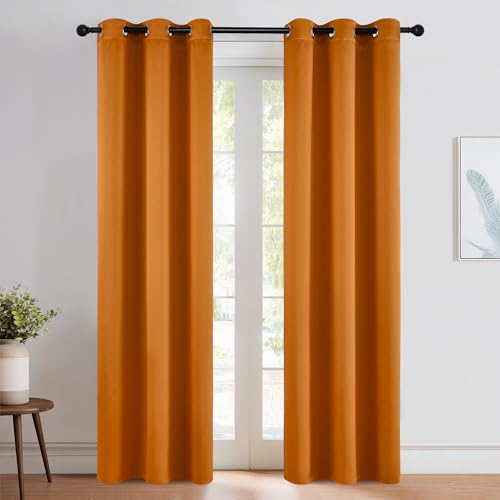 Image of NICETOWN Room Darkening Cafe Satin Curtains for Small Windows, 42 inch Wide by 84 inch Long, 2 Panels, Orange, Grommet Privacy Faux Silk Blackout Drapes for Bedroom