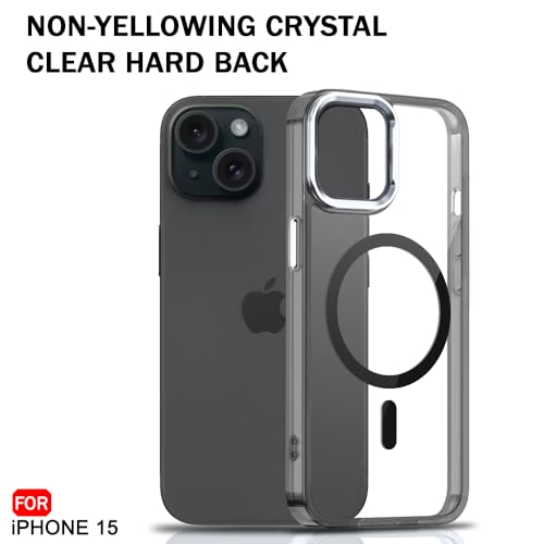 Image of TheGiftKart Hybrid Back Cover Case for iPhone 15 / iPhone 14 Compatible with MagSafe | Built-in Stand | Shockproof Hard Back Case Cover for iPhone 15 / iPhone 14 (PC & TPU, Clear Back, Black Sides)