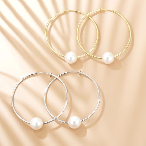 Aretes de aro clip con perla simulada 6 cm mujer miniatura 4