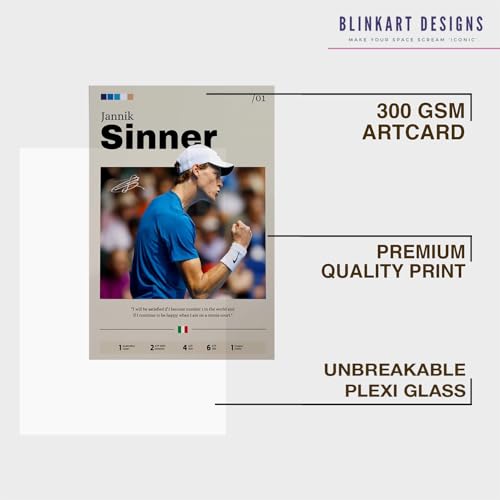 Image of BLINKART Jannik Sinner | Tennis Player | Synthetic Wood Photo Framed Wall Hanging Poster For Room & Office Bedroom Living Boys And Girl Room Home Wall Hanging | 12x18 Inches