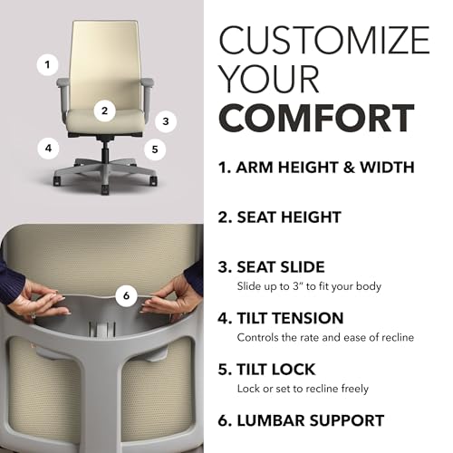 Image of HON Ignition 2.0 Mid Back Task Chair, Spectrum Mesh, Advanced Synchro-Tilt Control, Office Chair with Lumbar Support, Height and Width Adjustable Arms, Titanium Frame, Linen