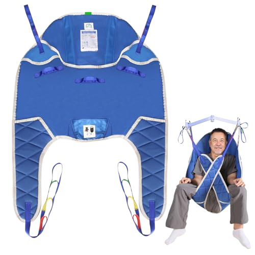 Ehucon Long Sit Spacer Sling with Head Support,Patient Lift Divided Leg Sling for Transfer,Bed Positioning and Lifting,Suitable for Elderly,Disabled,Bedridden,Soft & Comfortable-500LBS (Blue, Large)