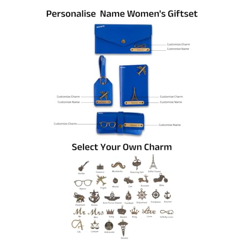 Image of AICA Personalized Name & Charm Passport Cover Holder Combo Giftset for Women (RoyalBlue) | Customized Gifts Birthday Anniversary Wedding Marriage for Woman Women Girl Wife