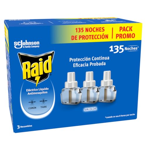 Raid Eléctrico Líquido 135 Noches - Recambios Anti Mosquitos comunes y Tigre - 3 recambios de 45 Noches