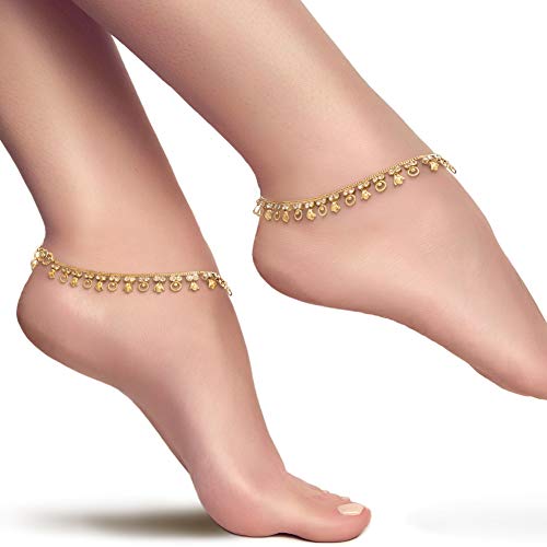 Image of Duel On Jewel Gold Payal Set for Women, Indian Paayal Jhanjar Chain Anklets with Bell Detail, Foot Jewelry Pair, 10 Inch Comfort Fit, Traditional & Dainty Styles for Wedding Beach Everyday Gift