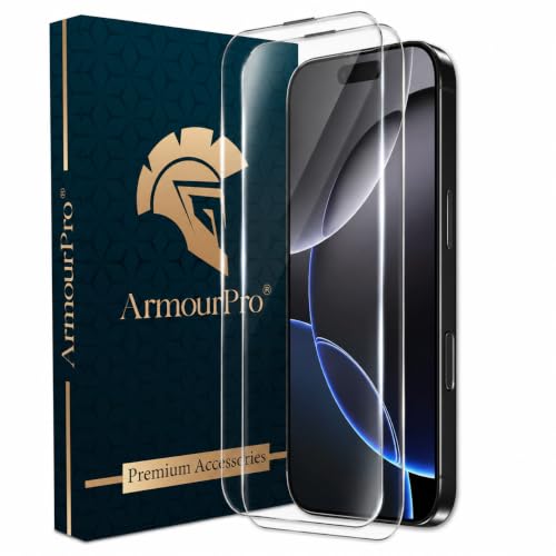 Image of ArmourPro Borderless Tempered Glass for iPhone 16 Pro and iPhone 17, Pack of 2 Clear Screen Protector with Anti-Dust Speaker Mesh, 9H Anti-Scratch, HD Clarity, Case Friendly, Easy Installation Kit