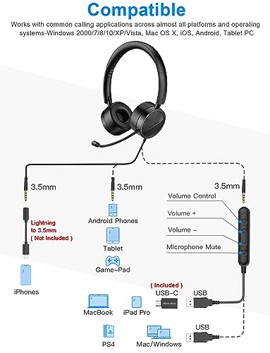 New Bee USB Headset with Microphone for PC Laptop, Computer Headsets with 3.5mm Jack 2-in-1 Audio Controls Clear Stereo Sound for Office Call Center Business Skype Chat Online Courses - Image 2