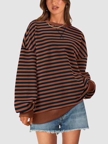 Image of PRETTYGARDEN Womens Striped Oversized Sweatshirt Color Block Crew Neck Long Sleeve Casual Loose Pullover Top Y2K Clothes