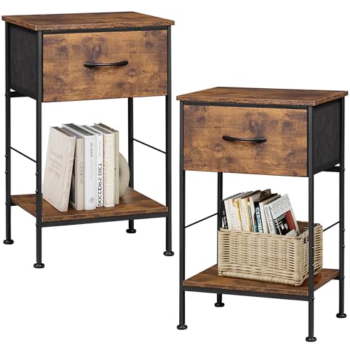 WLIVE Nightstand Set of 2, End Table with Fabric Storage Drawer and Open Wood Shelf, Bedside...