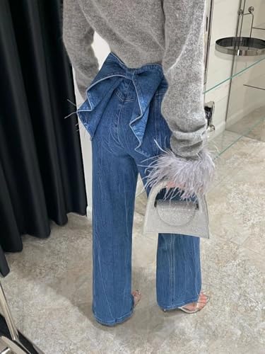 Y2k Bow Denim Wide - Leg Jeans for Women Vintage Streetwear Y2K Bow High-Waist Denim Pants4