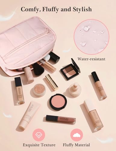 Noozion Makeup Bag Travel Toiletry Bag, Puffy Padded Cosmetic Bag for Women, Makeup Organizer Case, Wide-open Pouch Purse, Travel Essentials
