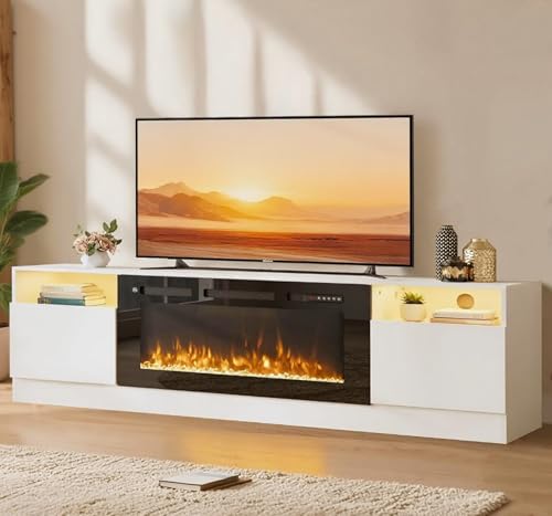 Image of MXV 80 inch Fireplace TV Stand for TVs Up to 90 inch, LED Light Entertainment Center with 36 inch Electric Fireplace, Modern Wood Texture TV Media Console with Highlight Storage Cabinet, White-Black