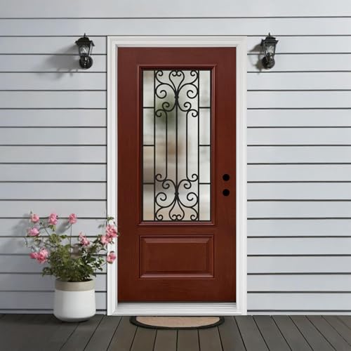 36' x 80' Entry Door with Wrought Iron Glass Panel, Mahogany Woodgrain Fiberglass Door, Left-Hand Inswing