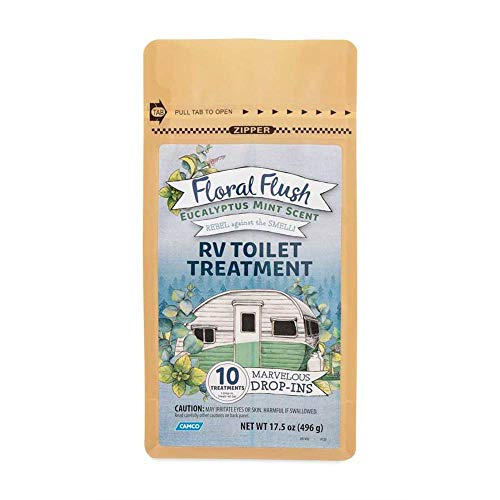 Camco 41492 Floral Flush RV Toilet Treatment Drop-Ins, Eucalyptus Mint Scent - Eliminates Odors and Breaks Down Waste - One Drop-in Treats Up to a 40-Gallon Tank - (10) Drop-Ins Per Bag