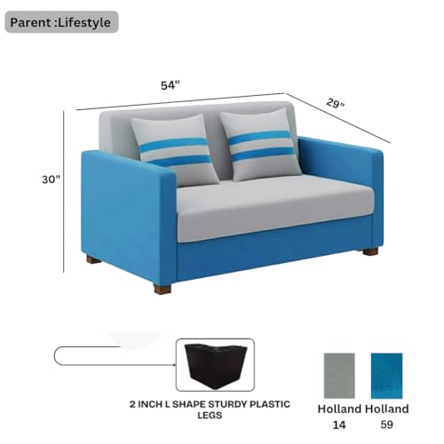 Image of FURNY Lifestylio 2 Seater Fabric Sofa Set (Light Grey-Aqua Blue) Premium Velvet Finish | Ideal for Living Rooms, Offices
