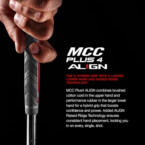 Golf Pride MCC Plus4 ALIGN Golf Club Grip - All-Weather Hybrid Grip with Raised Ridge Technology & Larger Lower Hand - Brushed Cotton Cord & Pebbled Texture - Midsize - 1 Pack