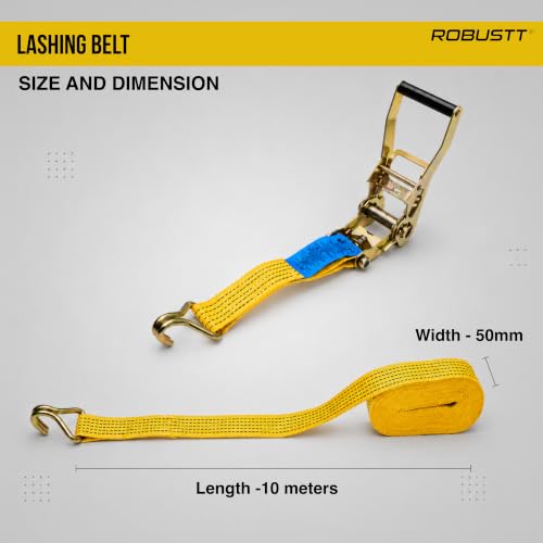 Image of Robustt Lashing Belt (50mm x 10mtr)- Pack of 1 | Yellow | Heavy-Duty Ratchet Belt | Weatherproof with Double J Hooks | Wear &Tear-Resistant Cargo Strap for Luggage & Vehicle Tie Downs