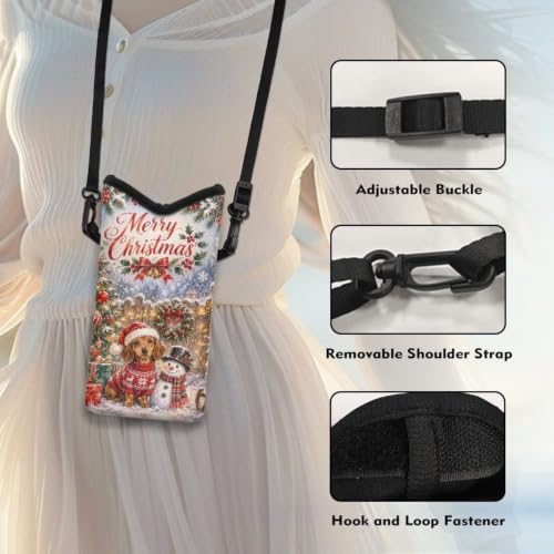 Image of Neoprene Crossbody Phone Pouch for Christmas Small Shoulder Bag Portable Mini Travel Bag for Phone, Keys, Lipstick, 8 x 4 inch, Dachshund Dog Snowman Merry Christmas Print