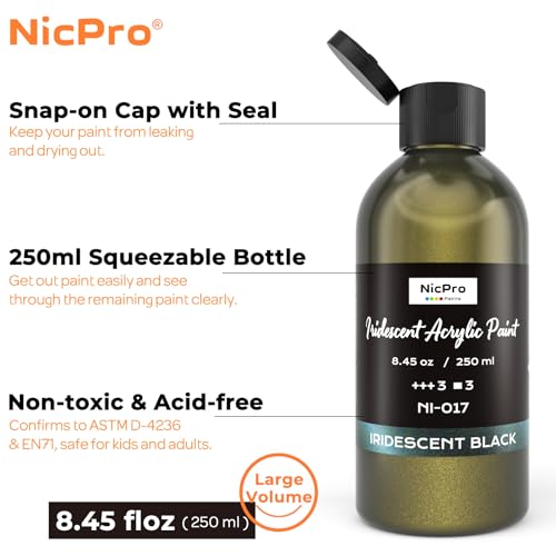 Image of Nicpro Iridescent Black Acrylic Paint, 8.45oz Large Black Metallic Paint | Color Shifting Glitter Craft Paint, Non-Toxic Art Painting Supplies, for Canvas Rocks Wood Glass Ceramic Fabric