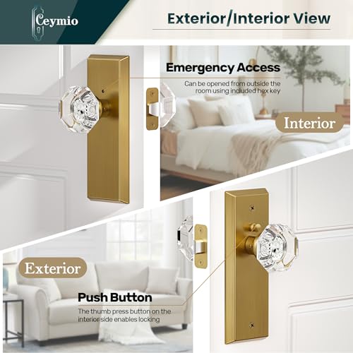 Image of Glass Door Knobs for Interior Doors - Vintage Crystal Privacy Bedroom & Bathroom Door Knob with Lock - Diamond Cut Door Handle - Antique Brass Finish (1 Pack 7 Inch Height)