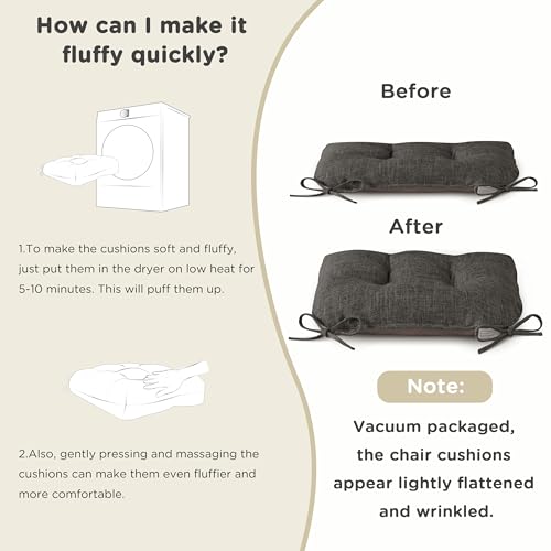 Image of AddGrace Chair Cushions for Dining Chairs Set of 1 Kitchen Seat Cushions with Ties and Non Slip Backing Tufted Indoor Seat Pad for Kitchen Dining Room 18 inch x 17 inch x 3 inch Dark Grey