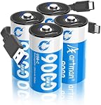 Artman paquet de 4 1.5V Batterie rechargeable Lithium C avec 2 en 1 USB-C Câble de recharge, 9000mWh, Batterie Ion lithium C de haute capacité pour jouets réflecteurs, recharge