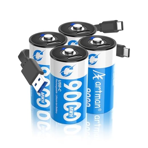 Artman Rechargeable Lithium C Batteries 4 Pack, 1.5V C Cell Batteries with 2 in 1 USB-C Charging Cable, 9000mWh High Capacity Size C Li-ion Battery for Floodlight Toys, Recharge up to 1200+ Cycles