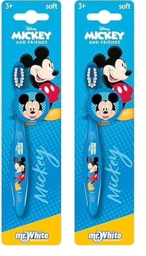 Mickey Mouse Zahnbürste mit Schutzkappe, Saugnapf, bequemem Griff und weichen Borsten für Kinder (Packung mit 2)