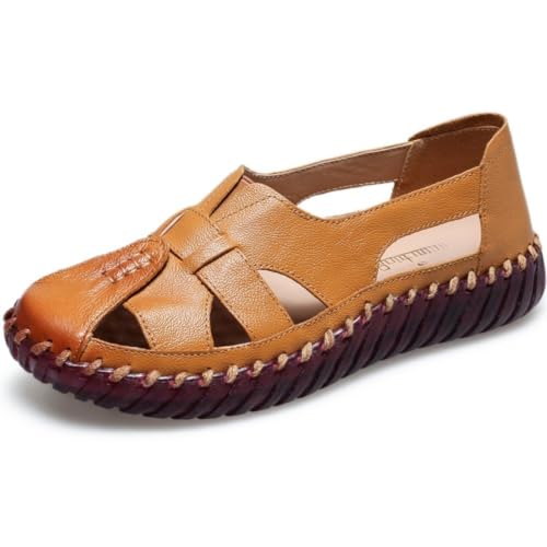 Image of EFTCAL Women's Cowhide Closed Toe Hollow Out Slip On Loafers,Comfort Walking Flat Fisherman Sandals Casual Fashion Breathable Walking Shoes Driving Shoes