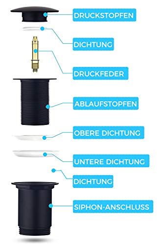Ablaufgarnitur ohne Überlauf Schwarz Matt - Keymark Universal Ablaufventil Abflussgarnitur für Waschbecken & Waschtisch - Messing Pop Up Ablauf Abfluss Stöpsel