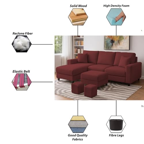 Image of Casaliving Rolando Seater L Shape Sofa Set for Living Room Left Side (Maroon, 4 Seater with Ottomon - LHS)