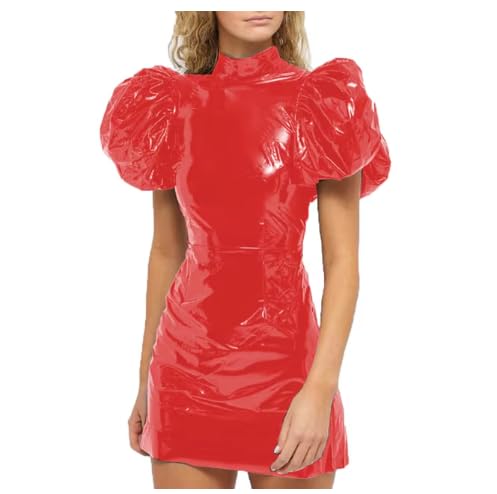 Robe de soirée moulante à manches courtes en cuir PVC effet mouillé pour femme