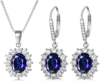 PRETTERY Sterling Silver Blue Sapphire Drop Earrings Necklace Jewellery Set for Women, 925 Sterling Silver Pandent Necklace and Dangle Drop Earrings with 5A Blue Cubic Zirconia, Jewellery Set Gift forBirthday Christmas Valentines day